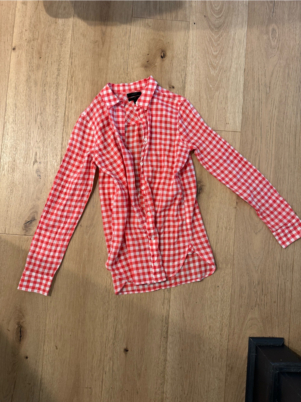 J Crew Coral and White Gingham Button-Down Shirt